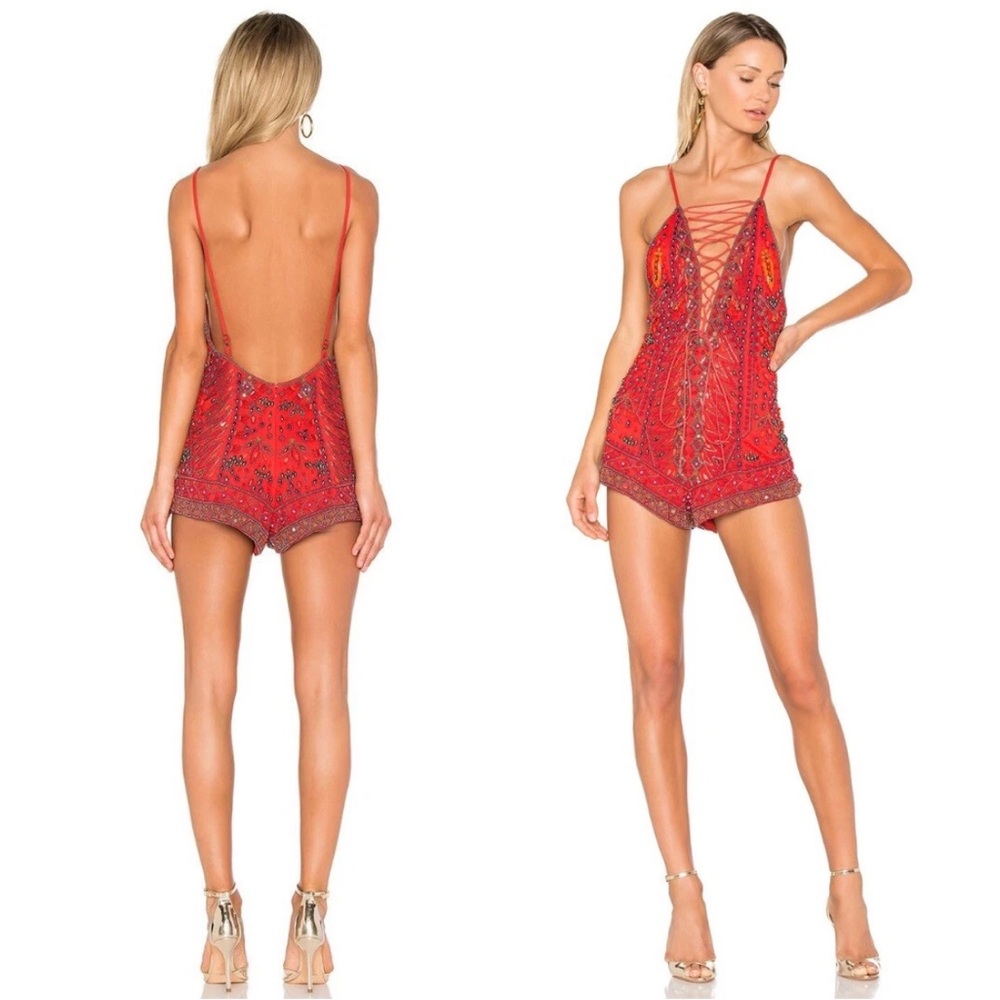 NBD x Revolve Colorful Red Laceup Beaded Romper Backless Festival XS $288